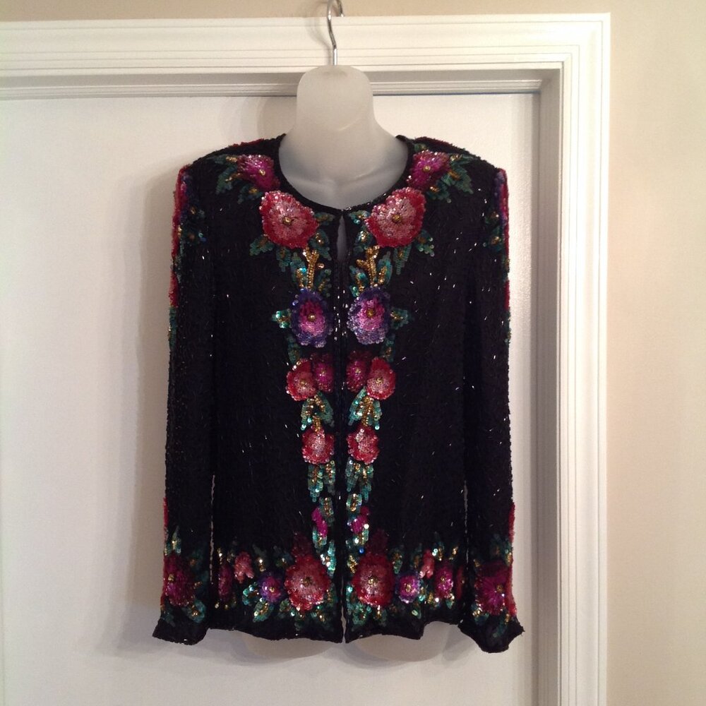 Stunning Vintage Laurence Kazar Floral Beaded Sequin Evening Jacket Top XL